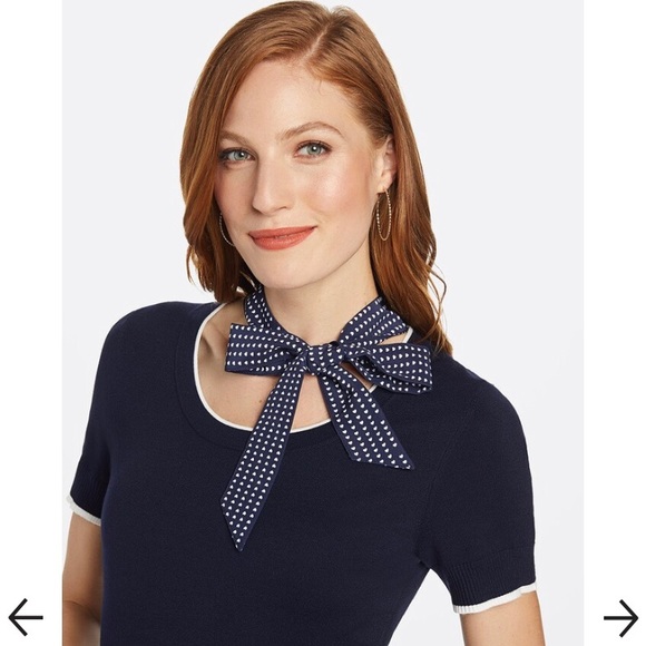 NWT Draper James Dots Bowtie Neck Navy Blue Pleated Sweater Knit Dress Womens 3X - Picture 6 of 14